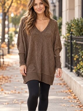Lumiere Brown Oversized V-Neck Tunic Sweater Batwing Sleeve Small
